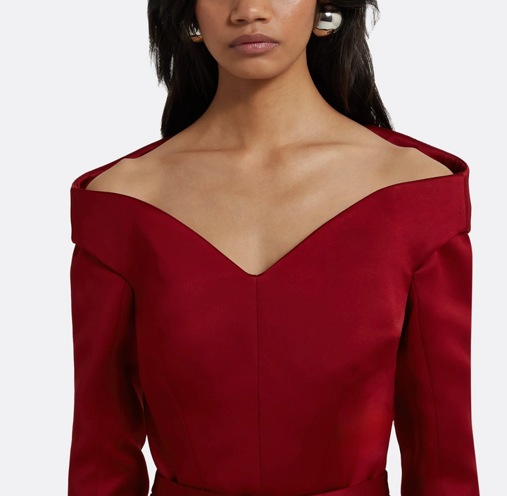 off-shoulder pencil dress with slit – SCARLET