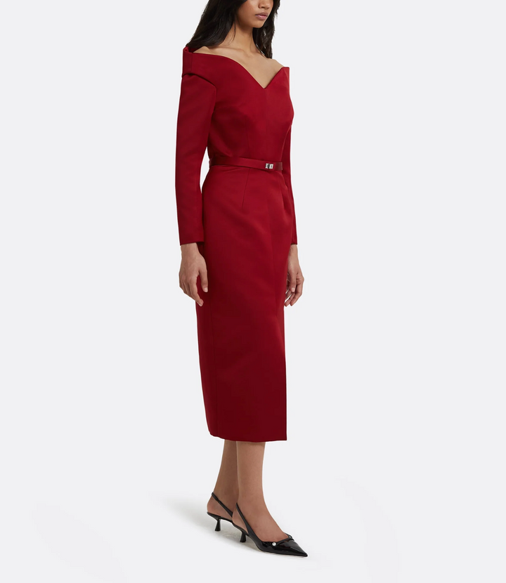 off-shoulder pencil dress with slit – SCARLET