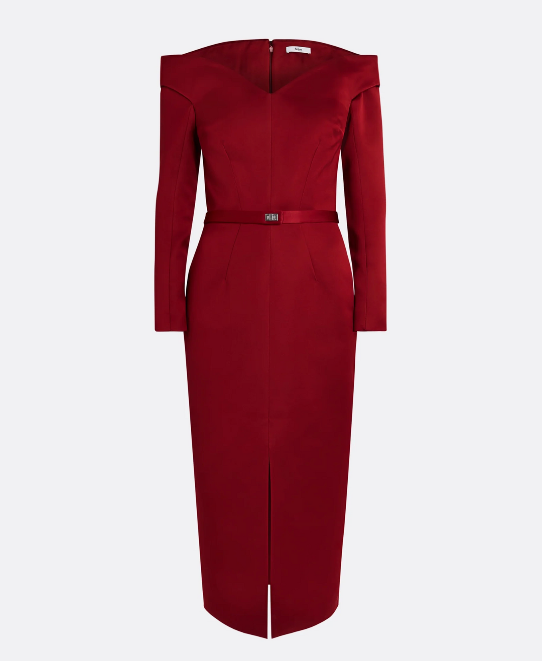 off-shoulder pencil dress with slit – SCARLET –