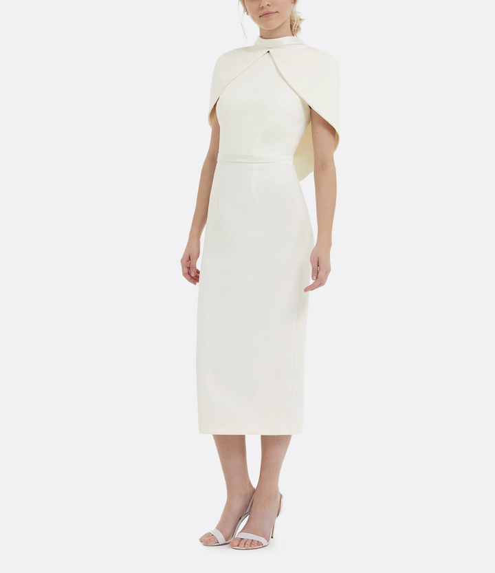 high-neck column dress with cape overlay – ESME