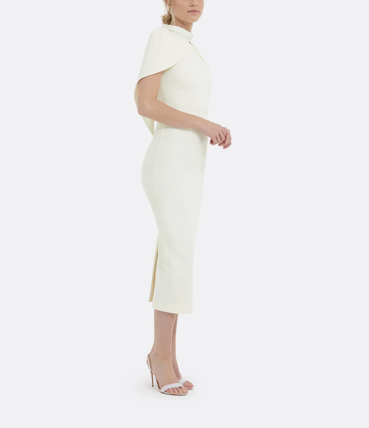 high-neck column dress with cape overlay – ESME