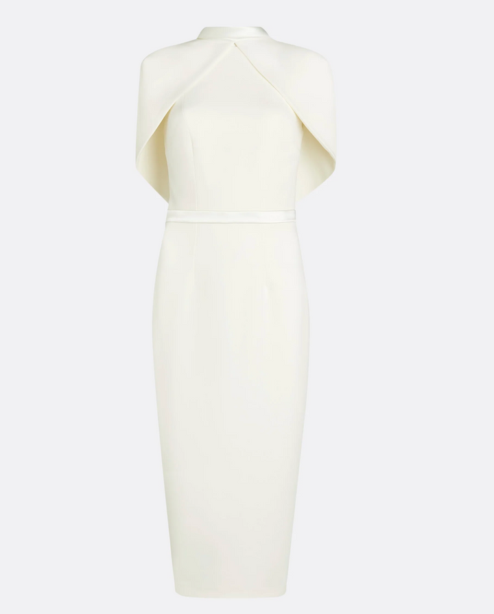 high-neck column dress with cape overlay – ESME