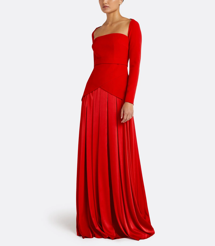 long-sleeve satin gown with structured bodice – CRIMSON