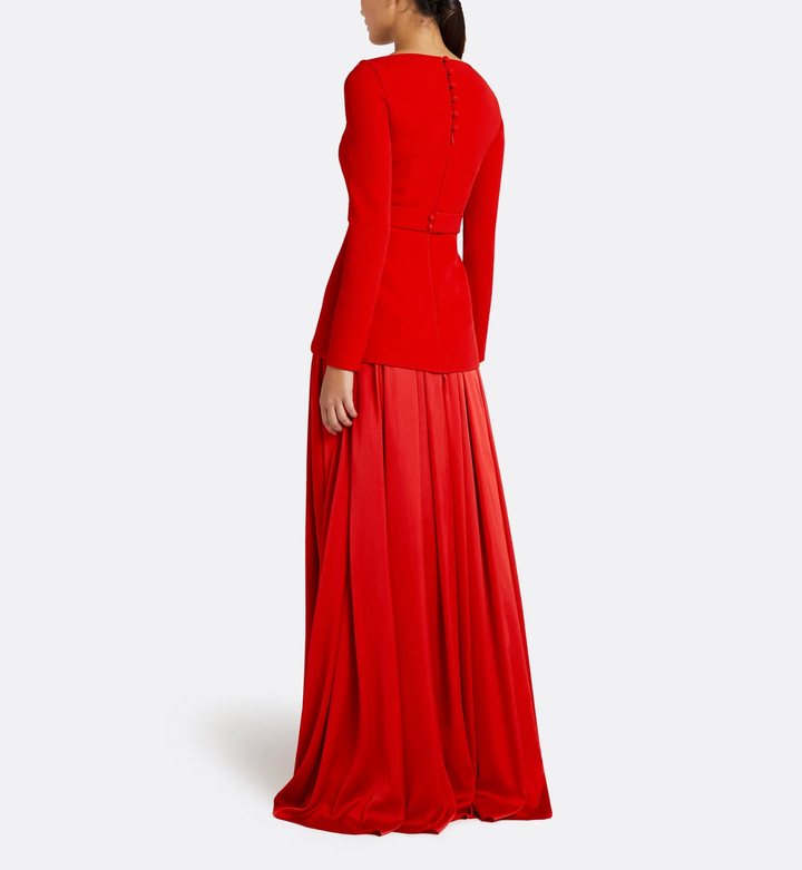 long-sleeve satin gown with structured bodice – CRIMSON