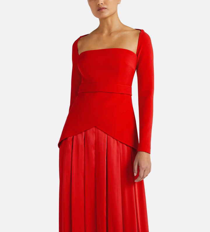 long-sleeve satin gown with structured bodice – CRIMSON