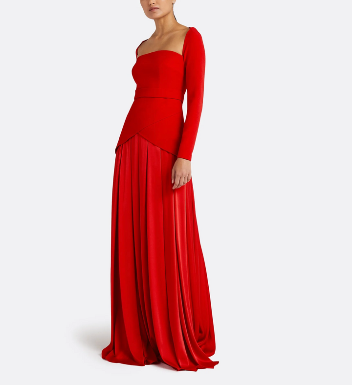 long-sleeve satin gown with structured bodice – CRIMSON
