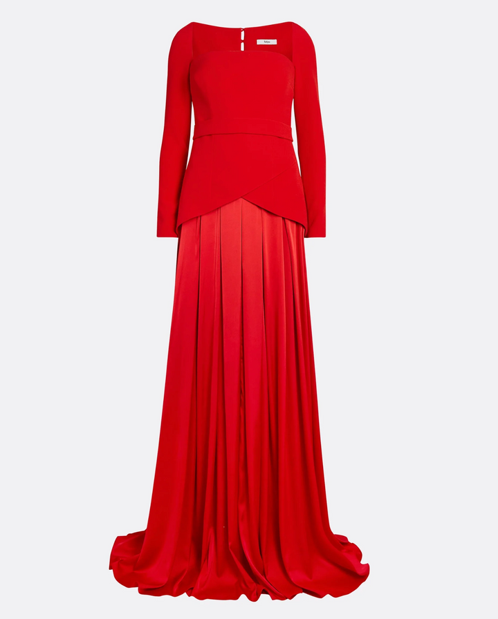 long-sleeve satin gown with structured bodice – CRIMSON