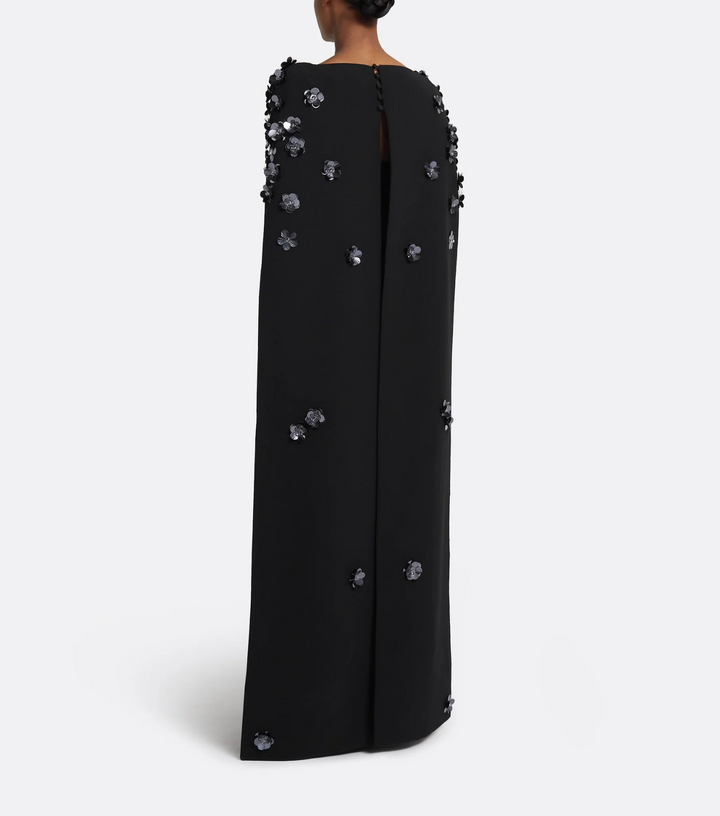 cape-sleeve gown with floral appliqué – NOCTURNE