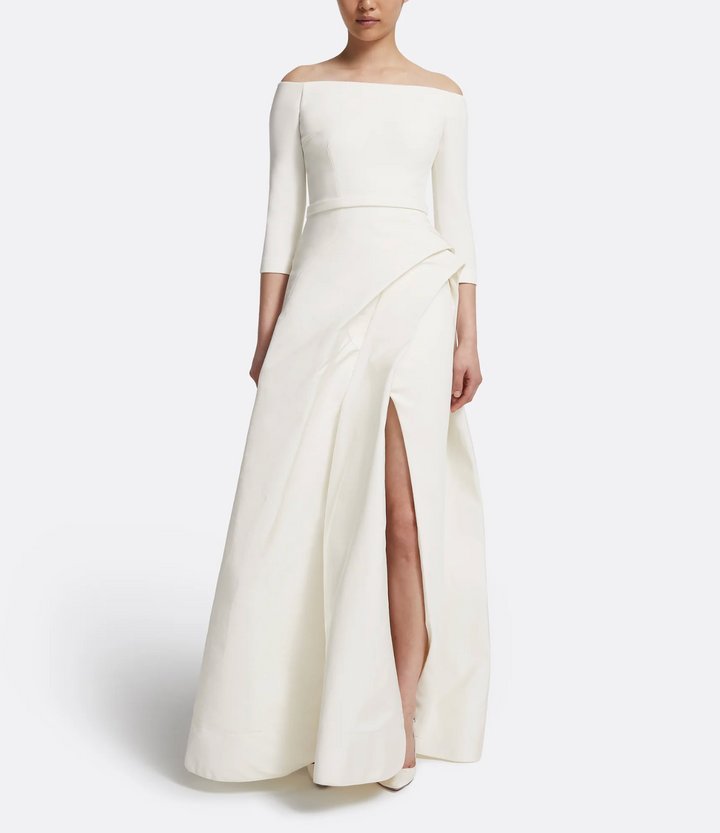 off-shoulder gown with draped slit skirt – ALYAAH