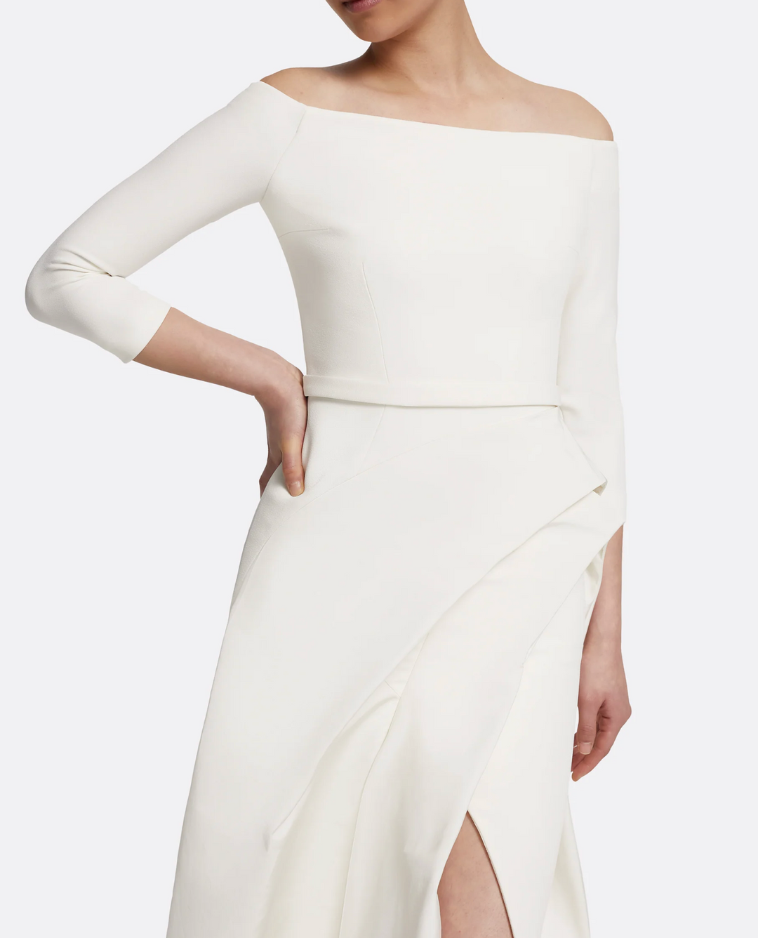 off-shoulder gown with draped slit skirt – ALYAAH