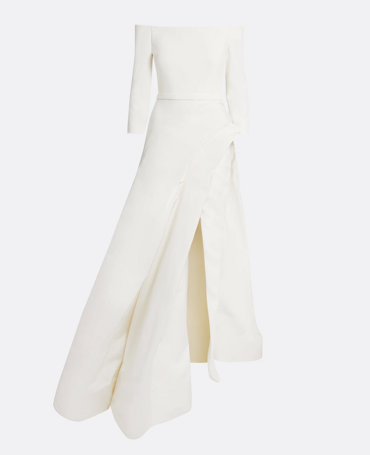 off-shoulder gown with draped slit skirt – ALYAAH