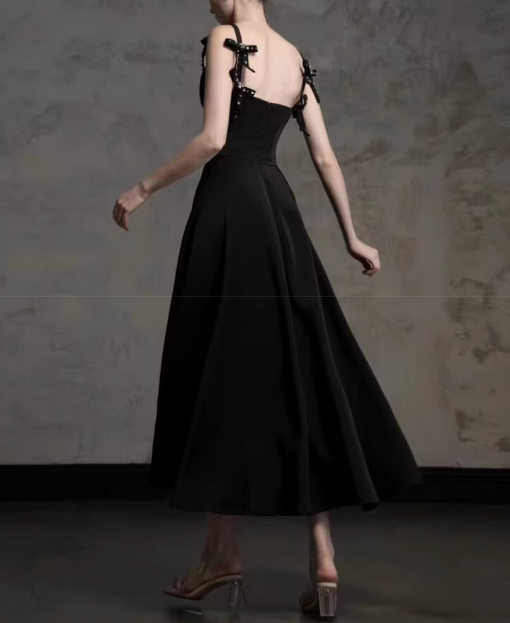 sleeveless flared dress with embellished bow straps – DELIIEN