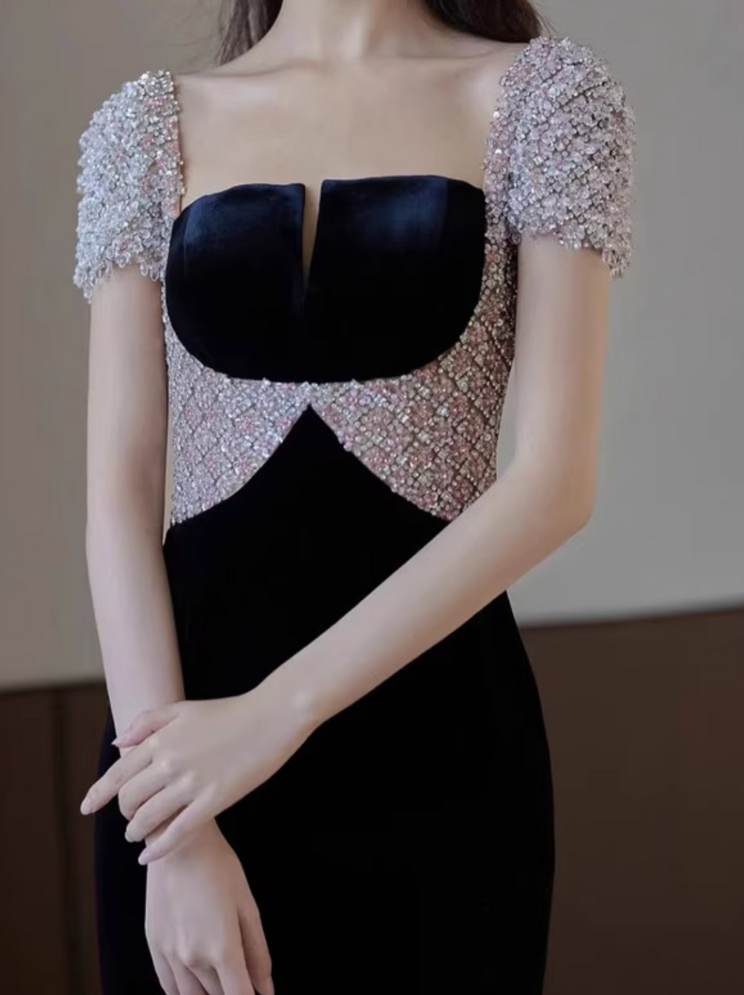 elvet column dress with embellished bodice – AYILAH