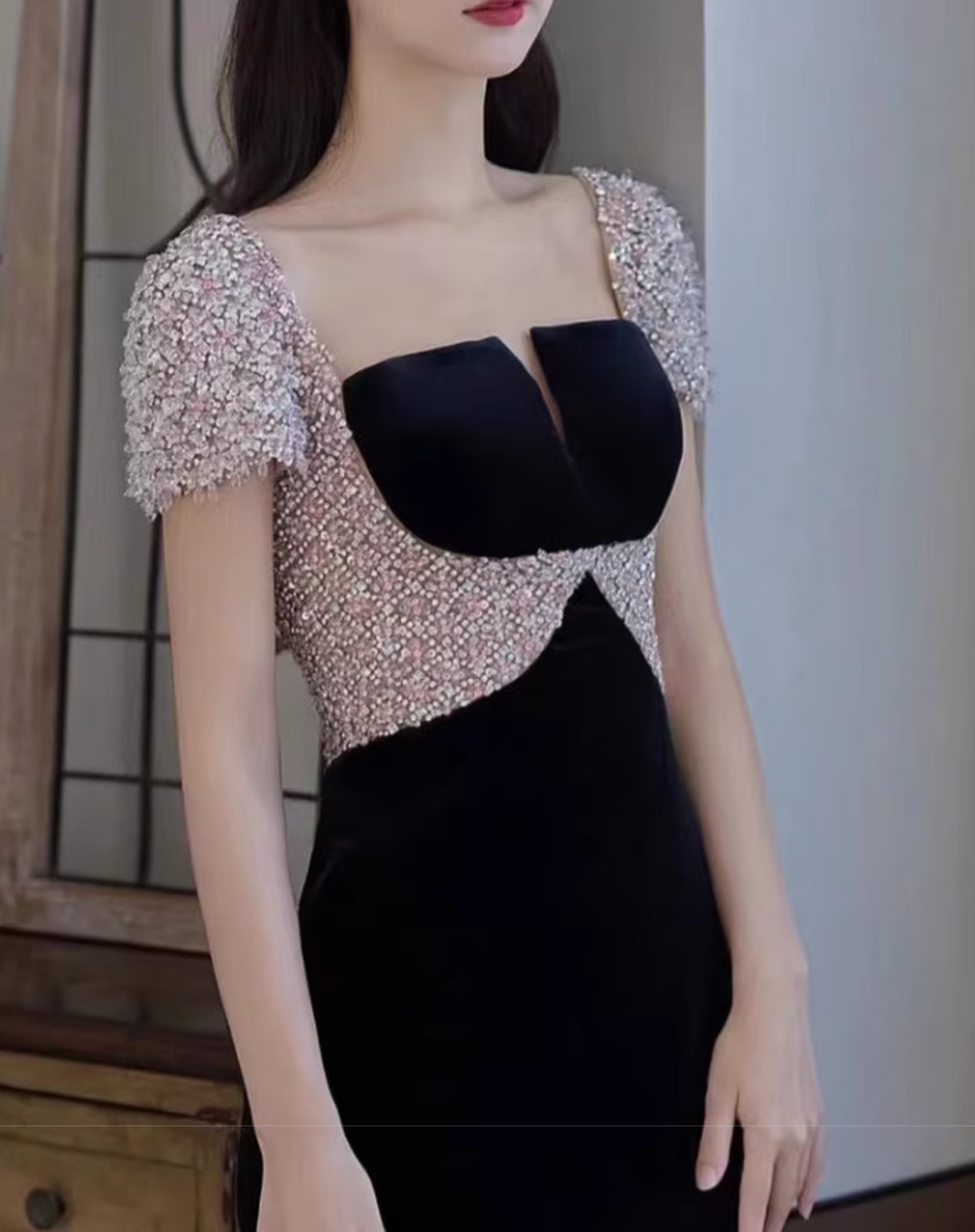 elvet column dress with embellished bodice – AYILAH