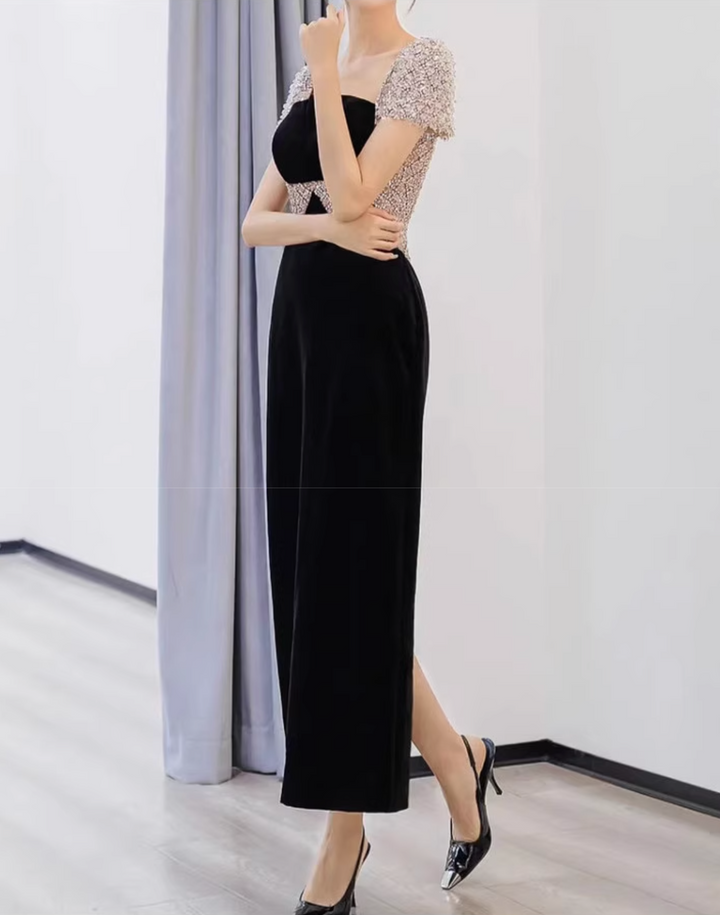 elvet column dress with embellished bodice – AYILAH