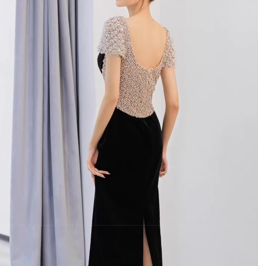 elvet column dress with embellished bodice – AYILAH