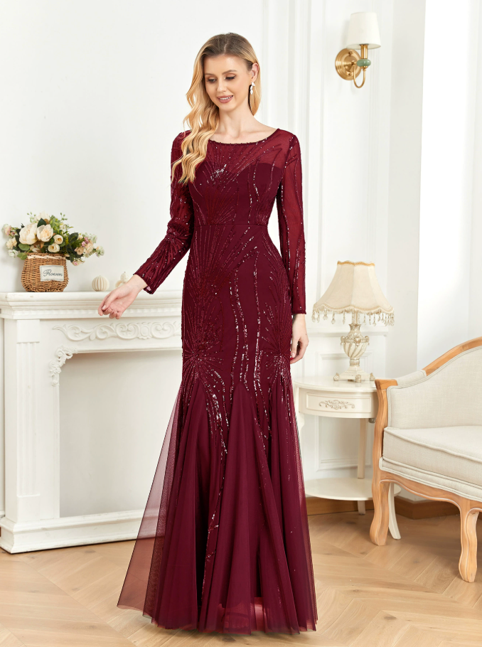 فستان شبكي بأكمام طويلة ومزين بالترتر – أدريانا