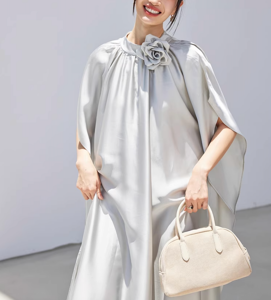 satin flowy cape dress with floral neckline – SILVERA