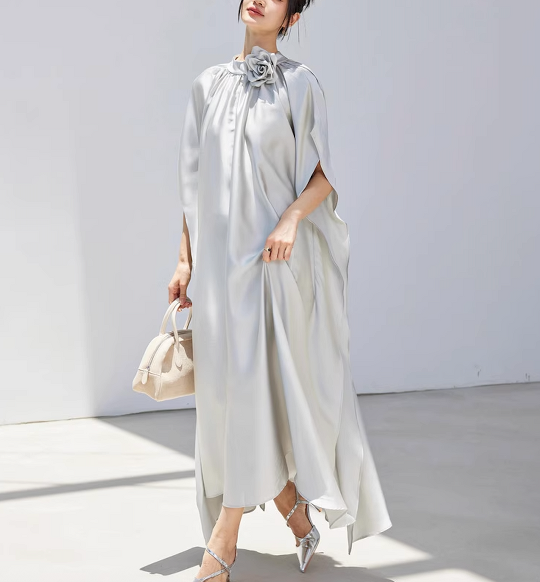 satin flowy cape dress with floral neckline – SILVERA