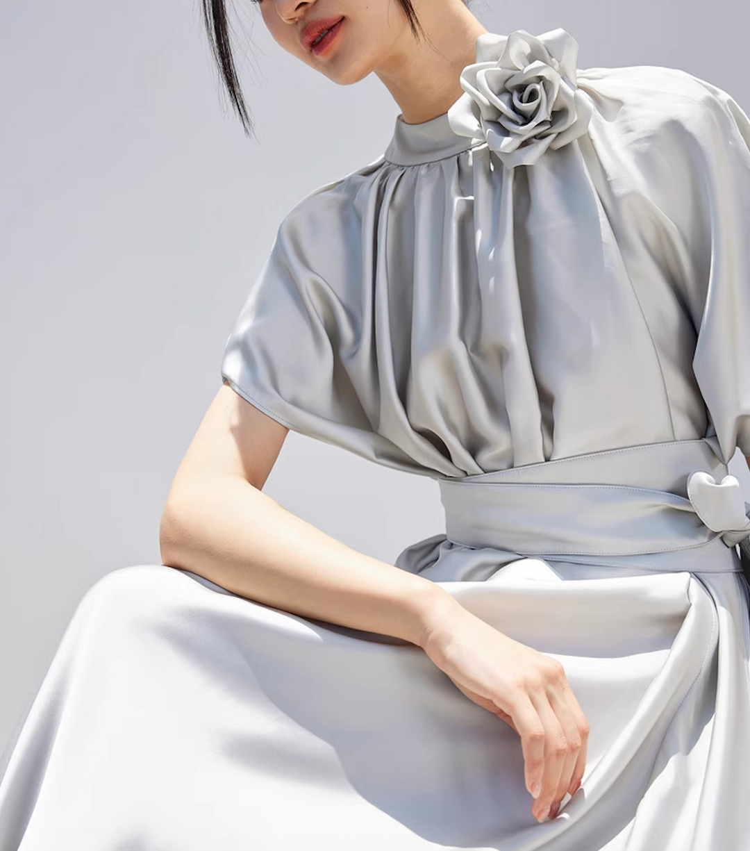 satin flowy cape dress with floral neckline – SILVERA