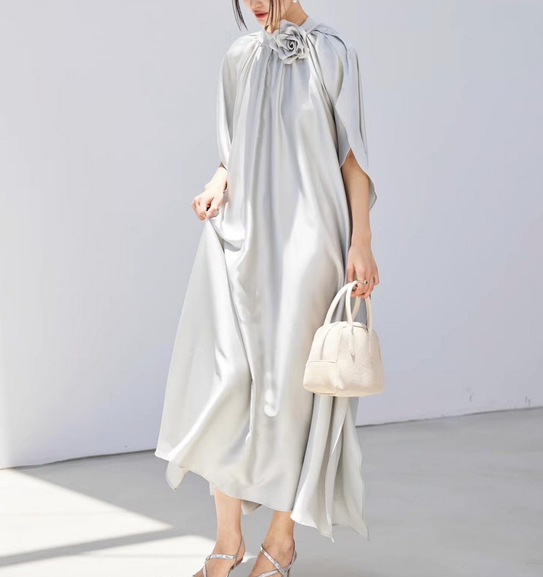 satin flowy cape dress with floral neckline – SILVERA