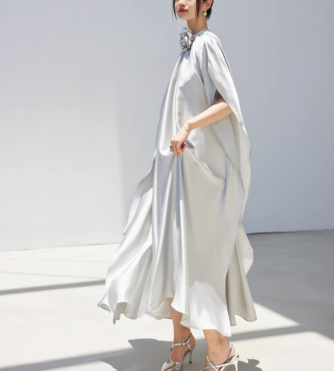satin flowy cape dress with floral neckline – SILVERA