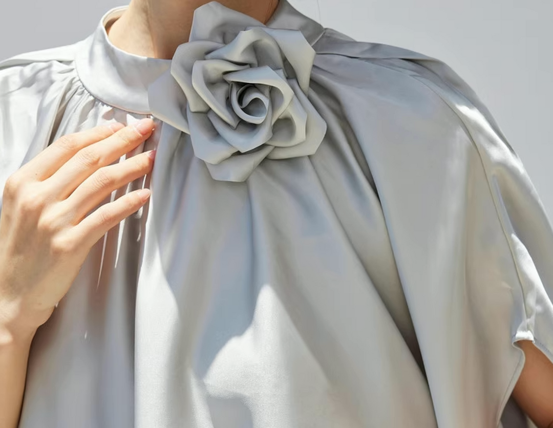 satin flowy cape dress with floral neckline – SILVERA