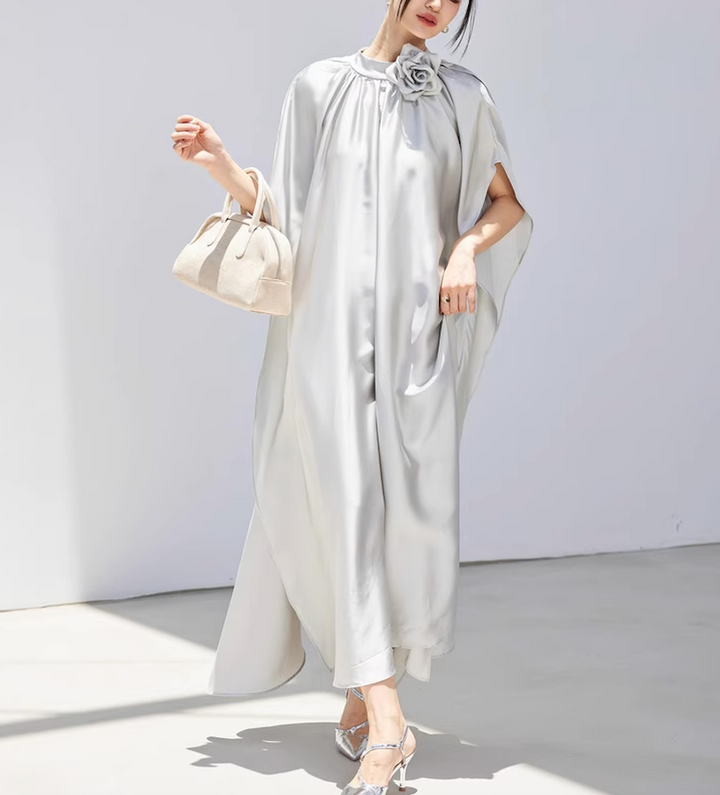 satin flowy cape dress with floral neckline – SILVERA