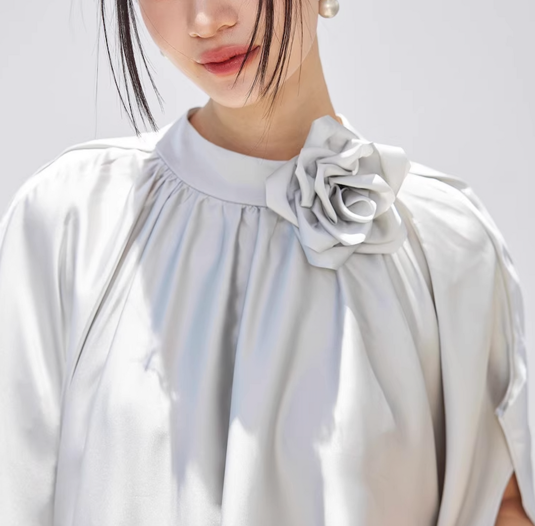 satin flowy cape dress with floral neckline – SILVERA