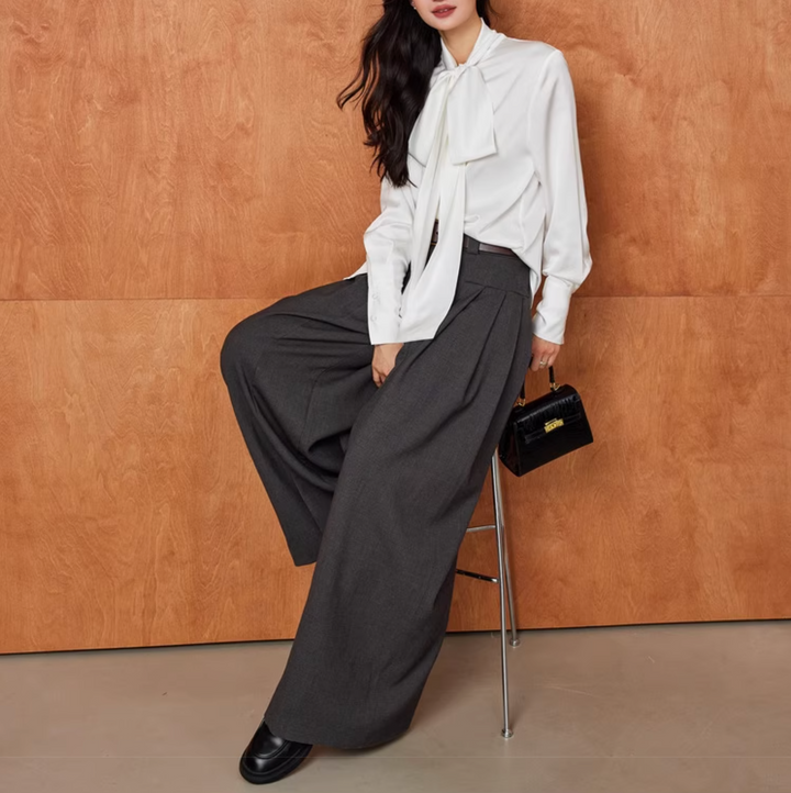 Plissiertes Oberteil mit ausgestellten Ärmeln und Maxirock-Set mit Taillengürtel – Rosiny 