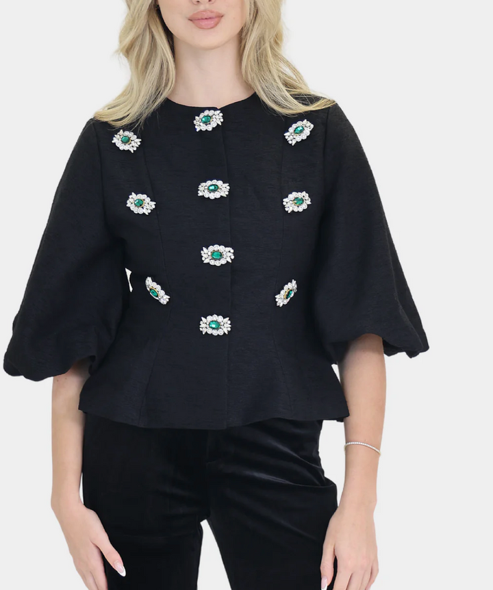 embellished puff-sleeve top with jeweled floral accents – AURORA