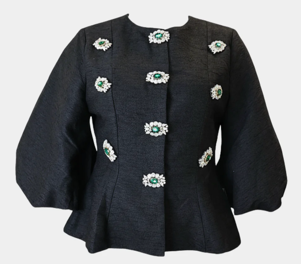 embellished puff-sleeve top with jeweled floral accents – AURORA