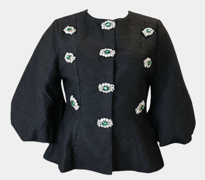 embellished puff-sleeve top with jeweled floral accents – AURORA