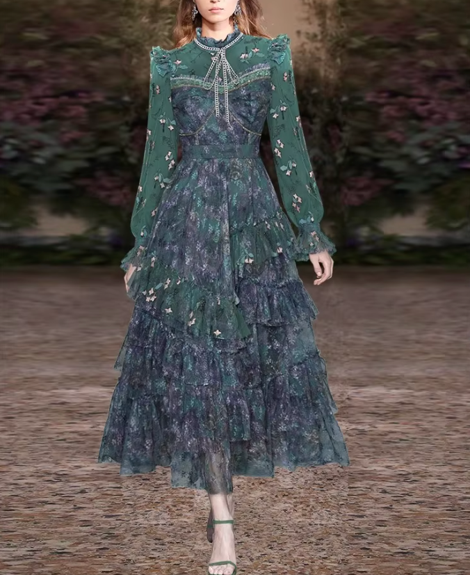 floral chiffon tiered ruffle gown with bow neckline – EMERALD BLOOM