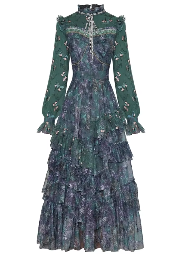 floral chiffon tiered ruffle gown with bow neckline – EMERALD BLOOM