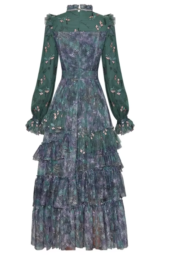 floral chiffon tiered ruffle gown with bow neckline – EMERALD BLOOM