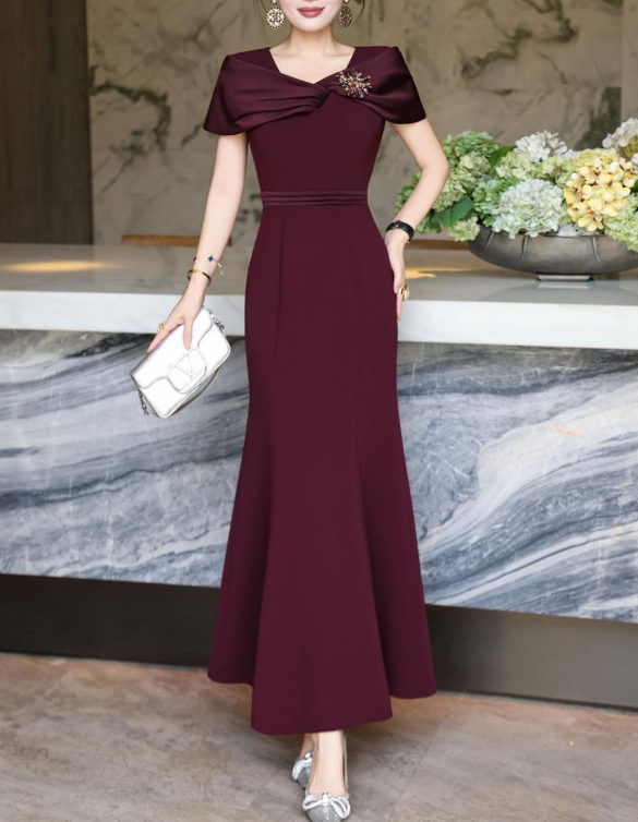 satin-draped mermaid dress with jeweled shoulder – MAROONIA