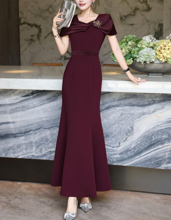 satin-draped mermaid dress with jeweled shoulder – MAROONIA