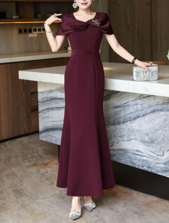 satin-draped mermaid dress with jeweled shoulder – MAROONIA