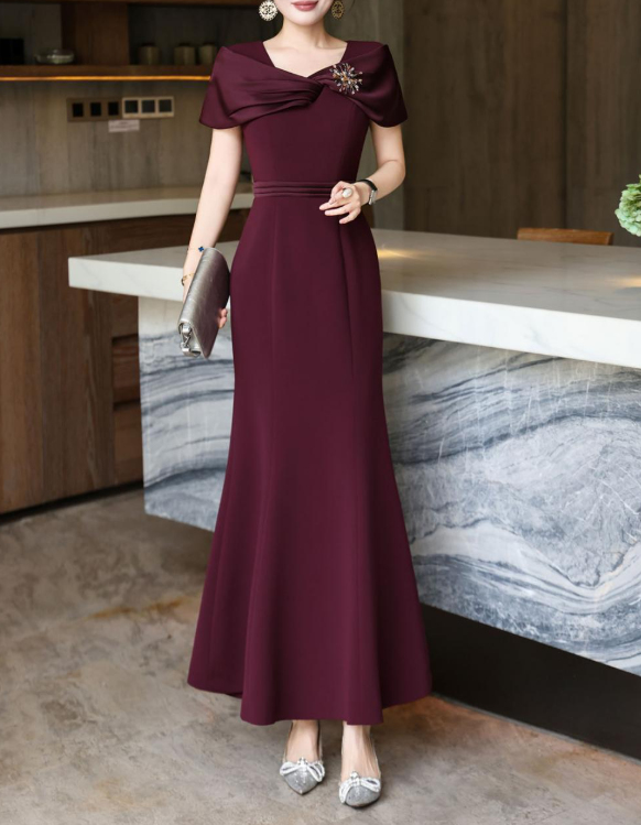 satin-draped mermaid dress with jeweled shoulder – MAROONIA