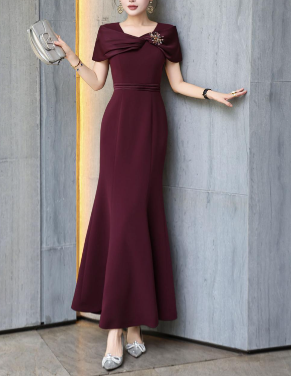 satin-draped mermaid dress with jeweled shoulder – MAROONIA