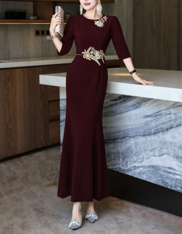 embroidered column dress with golden floral accents – MAJESTA