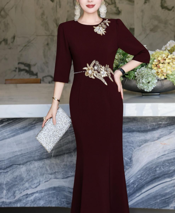 embroidered column dress with golden floral accents – MAJESTA