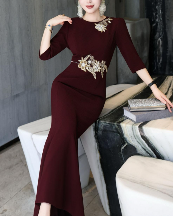 embroidered column dress with golden floral accents – MAJESTA