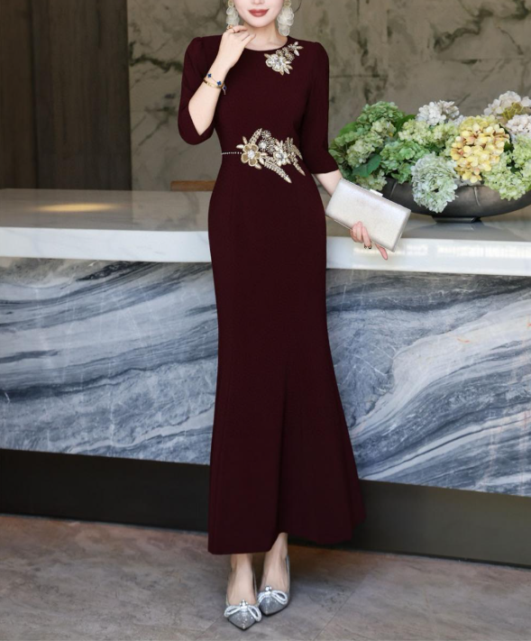 embroidered column dress with golden floral accents – MAJESTA