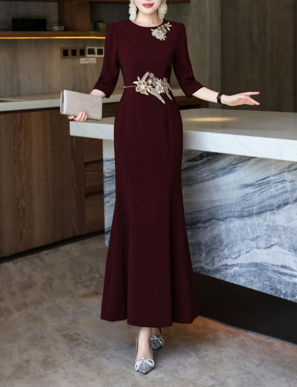 embroidered column dress with golden floral accents – MAJESTA