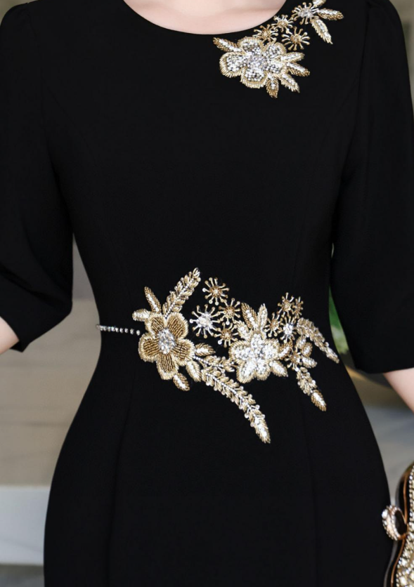 embroidered column dress with golden floral accents – MAJESTA