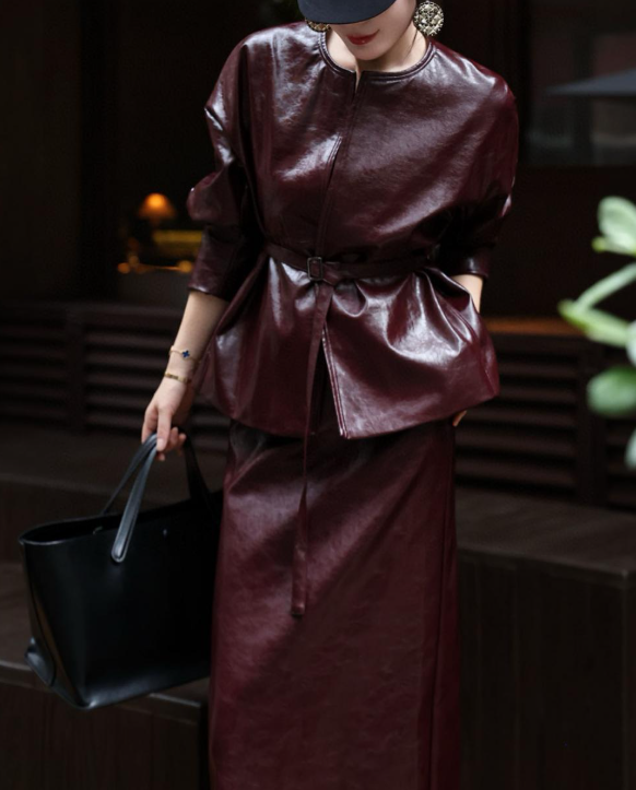 leather peplum set with fitted maxi skirt – VELVORA