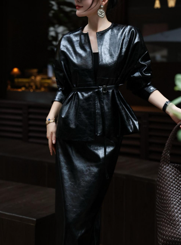 leather peplum set with fitted maxi skirt – VELVORA