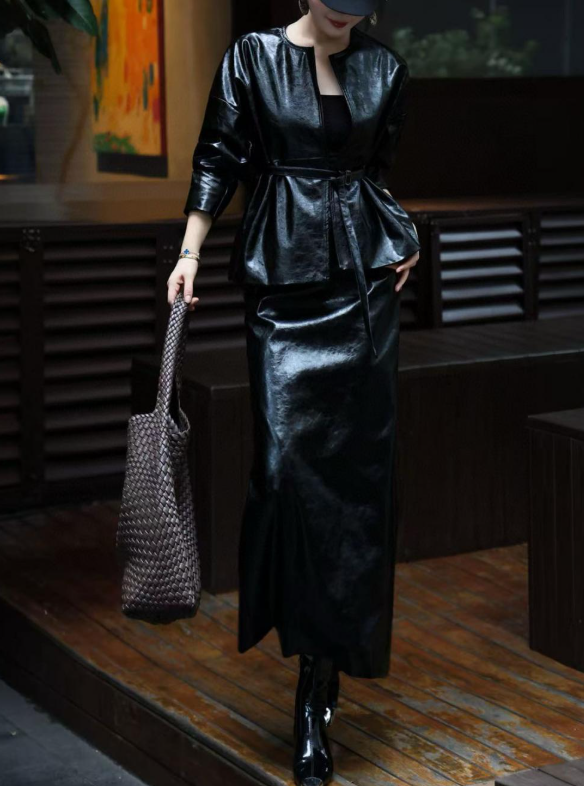 leather peplum set with fitted maxi skirt – VELVORA